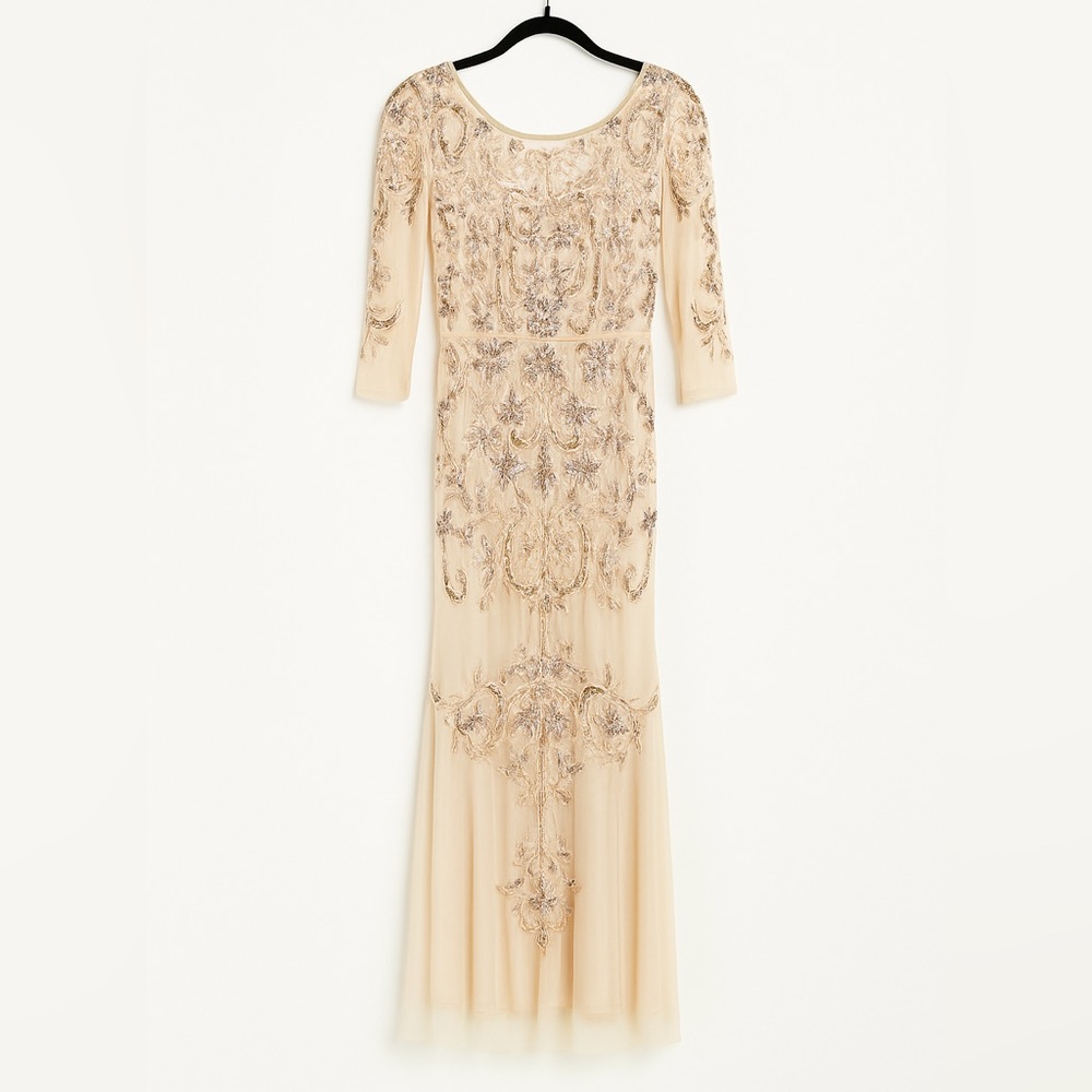 Aidan Mattox Cream Long Sleeve Embroidered Dress